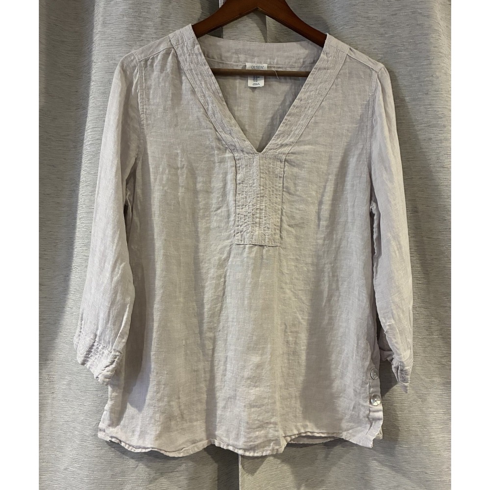Sigrid Olsen 100% Linen Coastal Tunic Top Medium Beige V Neck Pearl Button